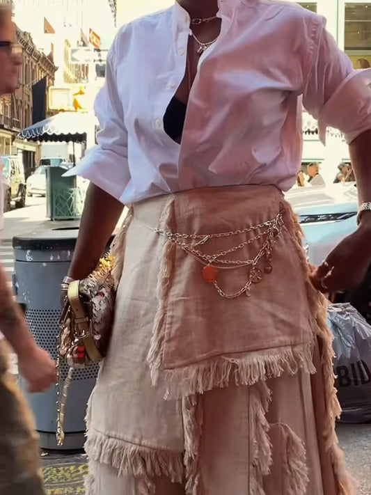 Fringed Hem Patchwork High Waist Trousers