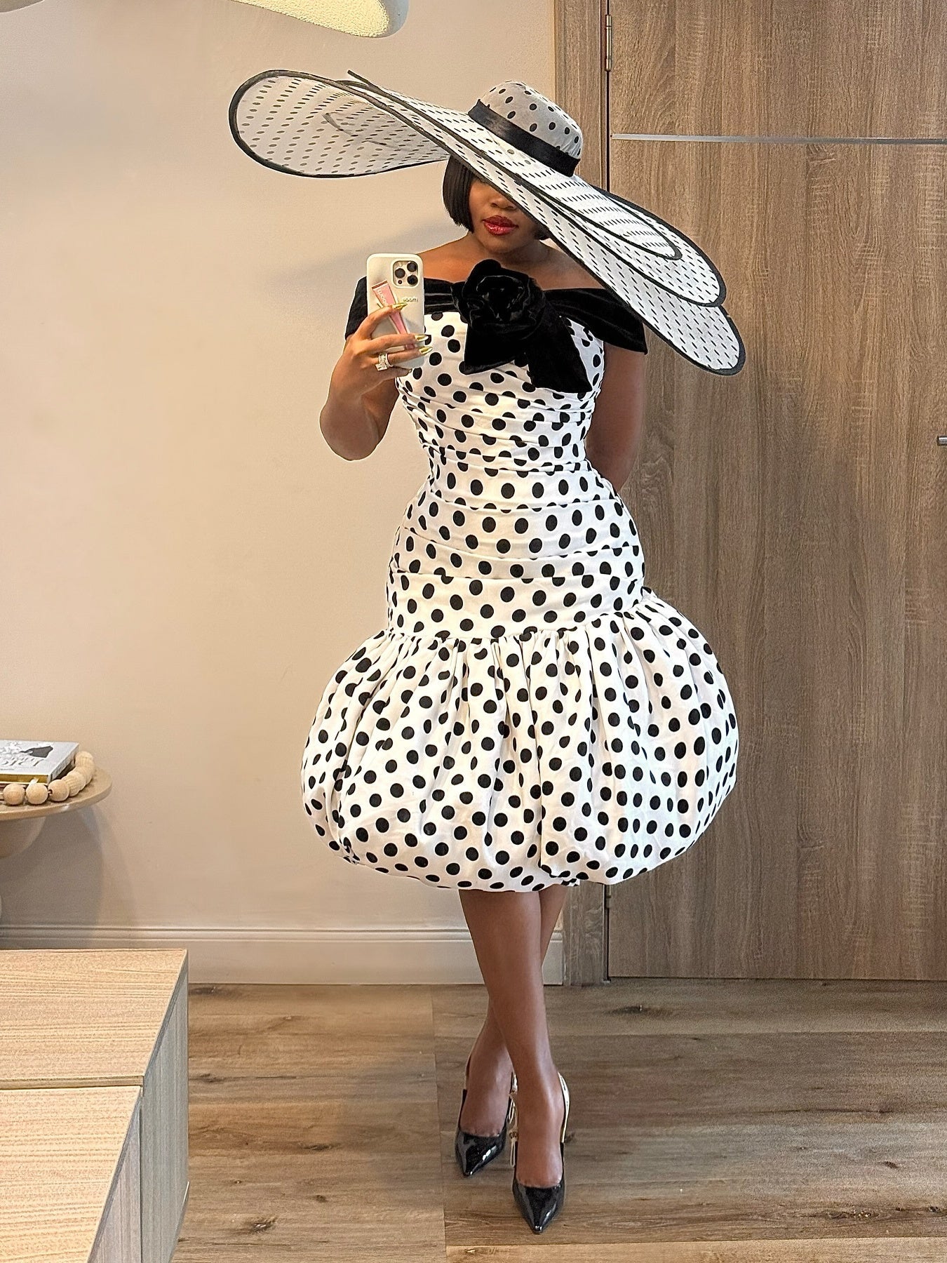 White Polka Dot Off The Shoulder Velvet Satin Midi Dress