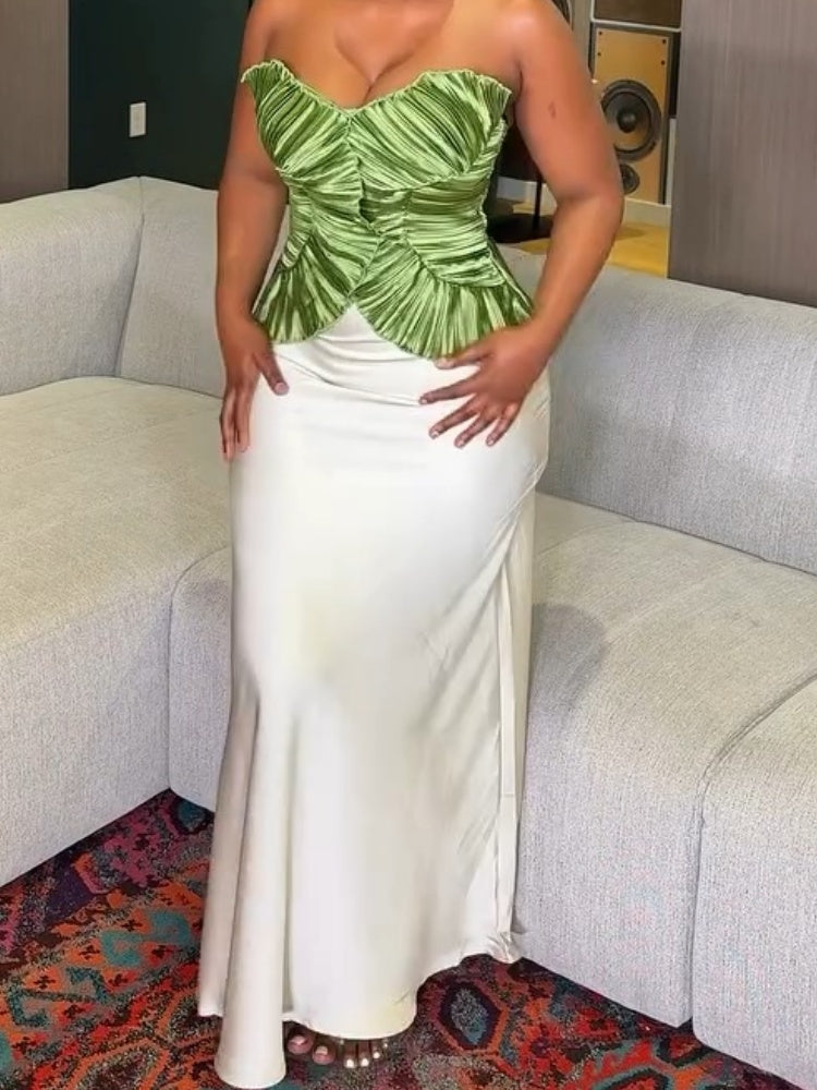Elegant Green Pleated Peplum Top With Satin Maxi Skirt