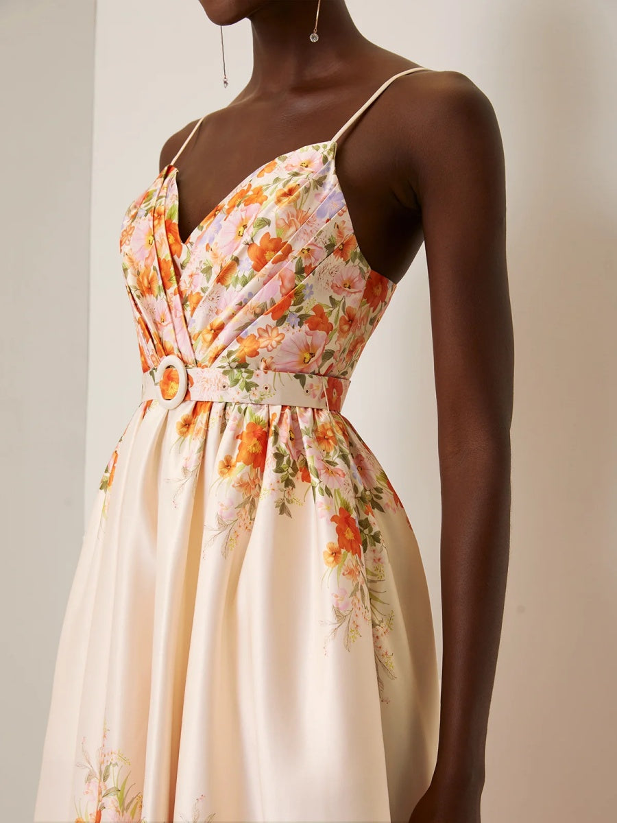 Beige Floral Spaghetti Sleeveless Midi Dress