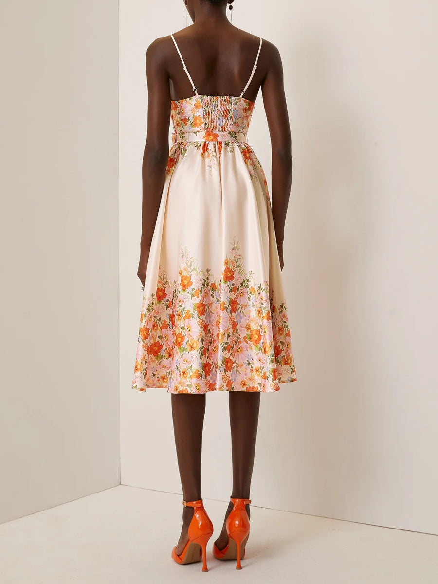 Beige Floral Spaghetti Sleeveless Midi Dress