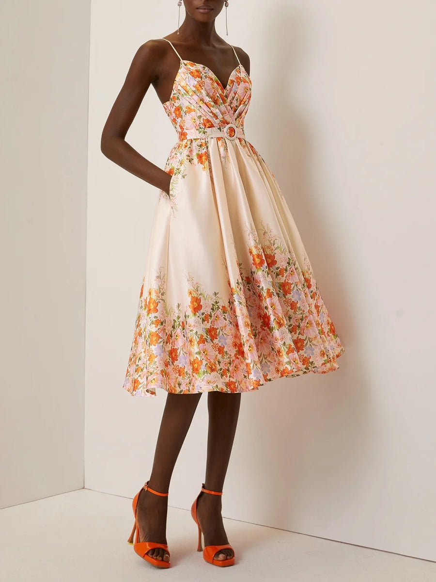 Beige Floral Spaghetti Sleeveless Midi Dress