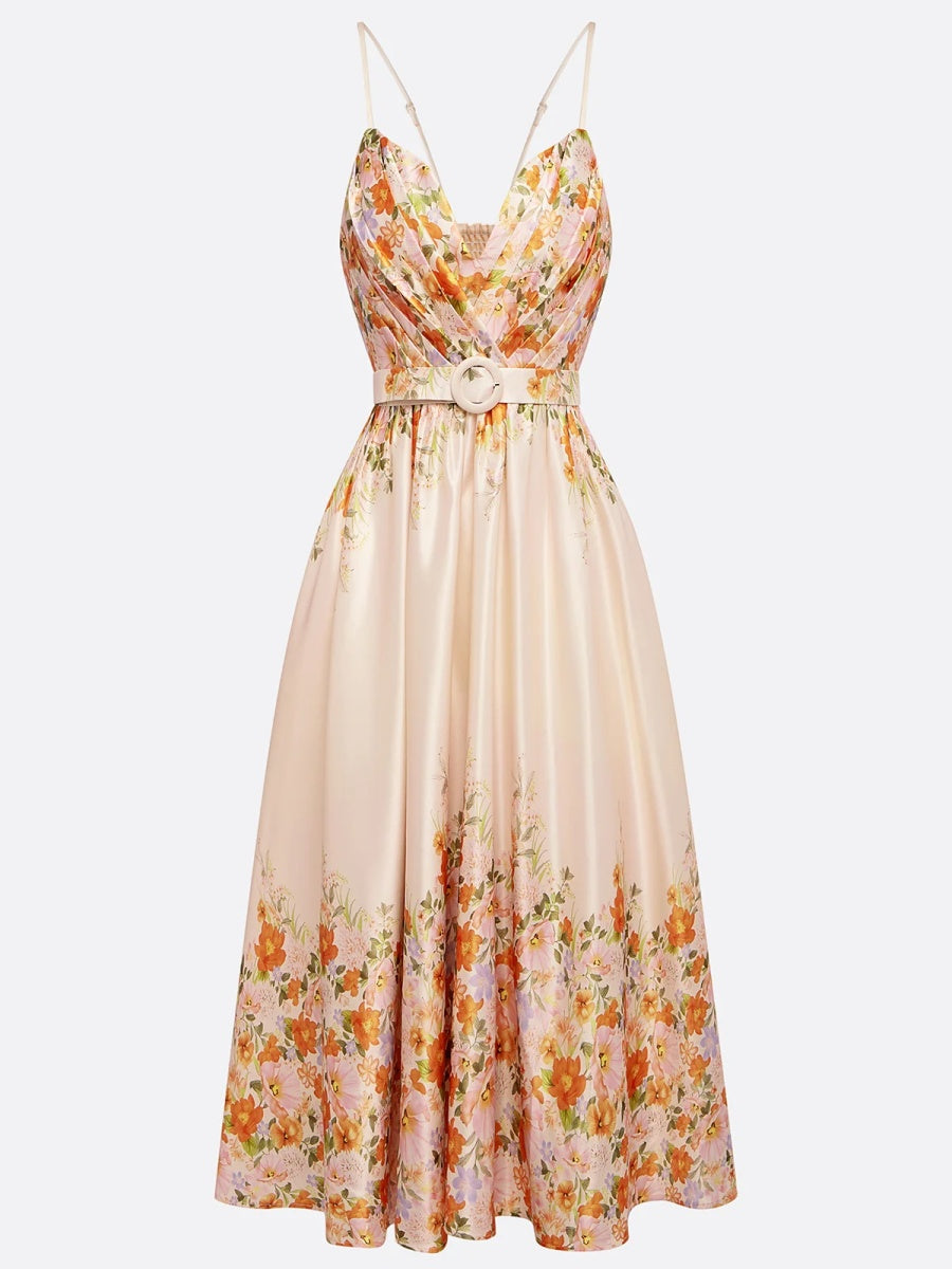 Beige Floral Spaghetti Sleeveless Midi Dress