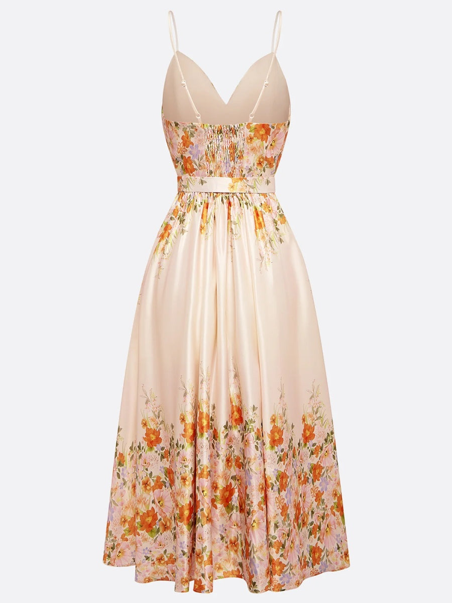Beige Floral Spaghetti Sleeveless Midi Dress