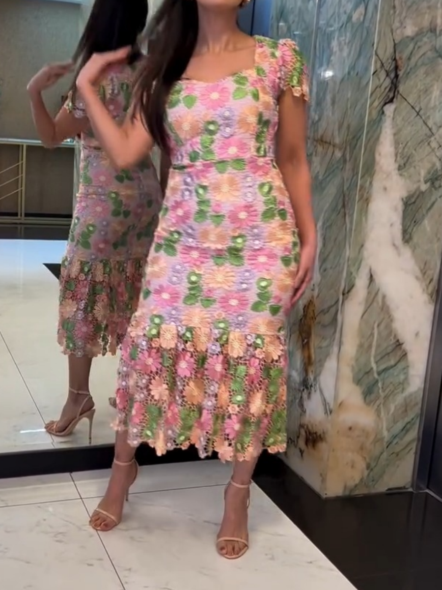 Square Neck Short Sleeve Floral Dress
