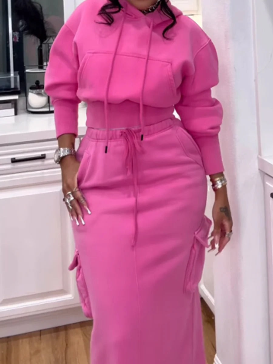 Pink Casual Hoodie And Maxi Skirt Set