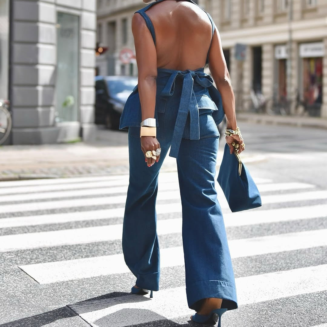 Classic Kiss-lock Closure Adorned Denim Bag