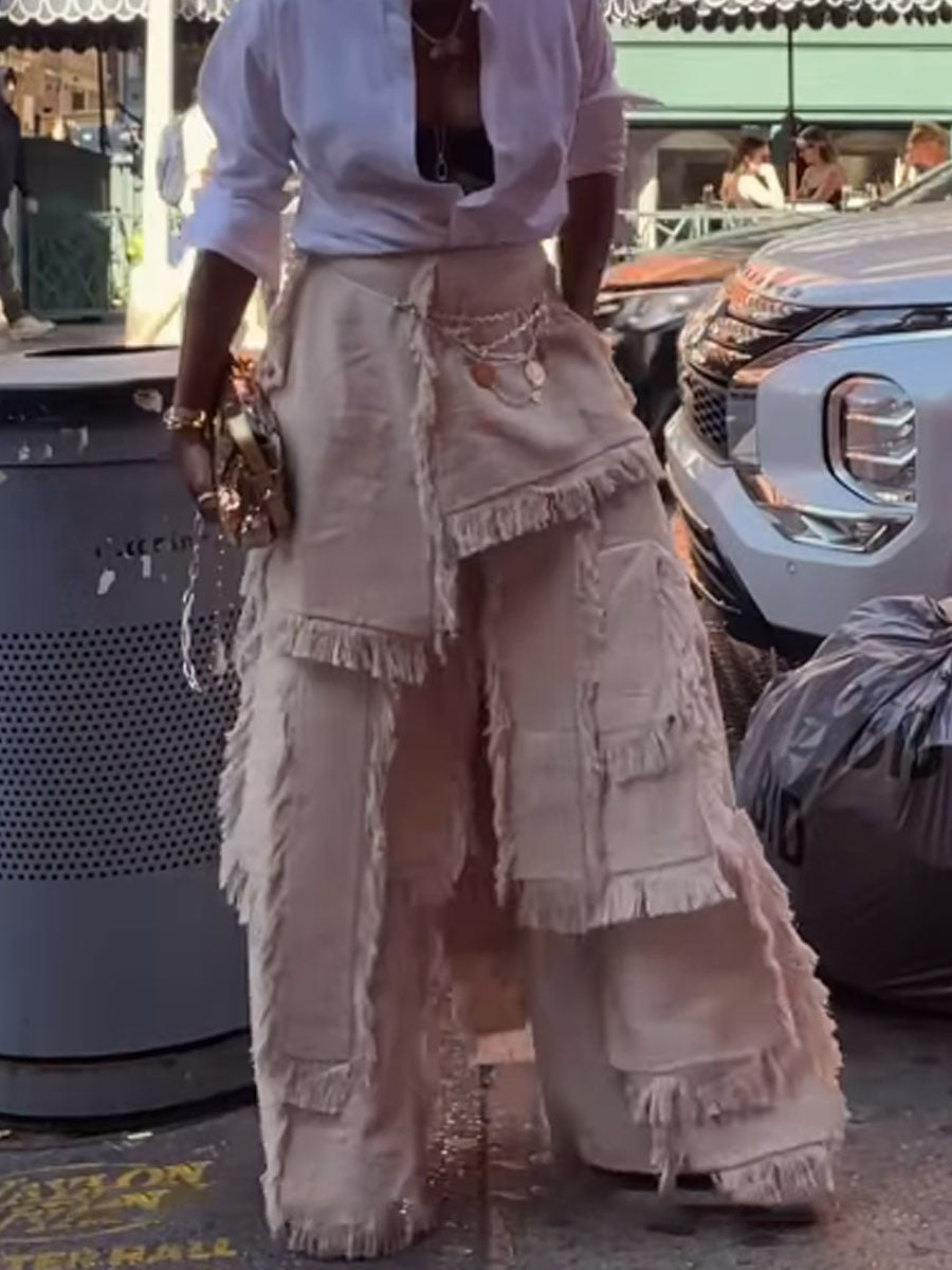Fringed Hem Patchwork High Waist Trousers