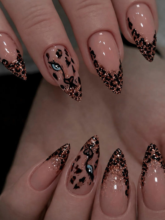 Leopard Hand-Painted Almond Armor Shinny Press-on Nail