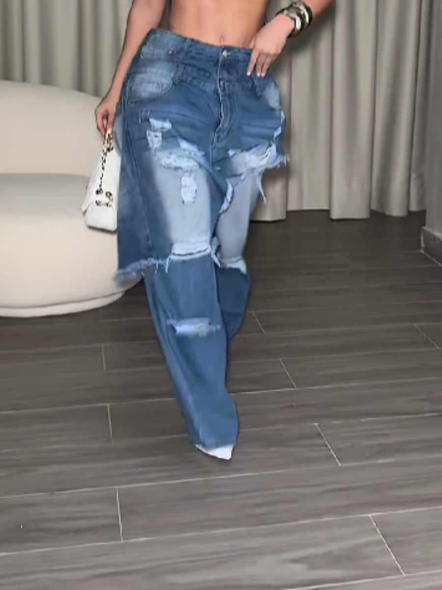 Stitched Double-Layer Ripped Jeans