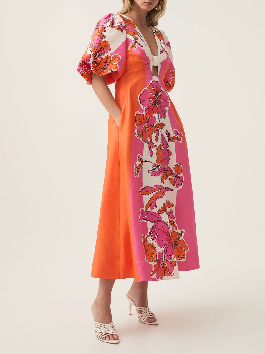 Deep V Printed Dress