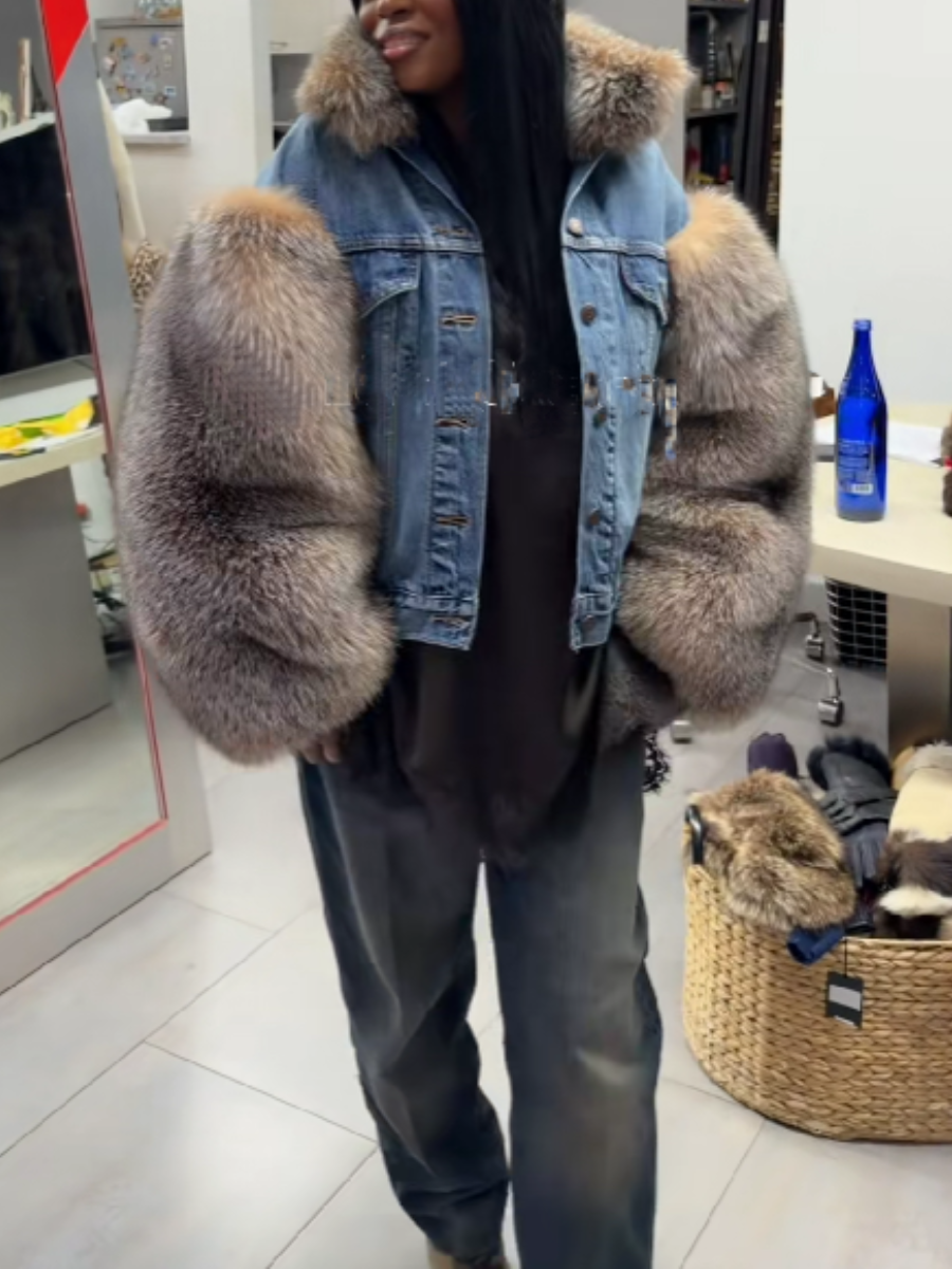 Denim Patchwork Faux Fur Coat