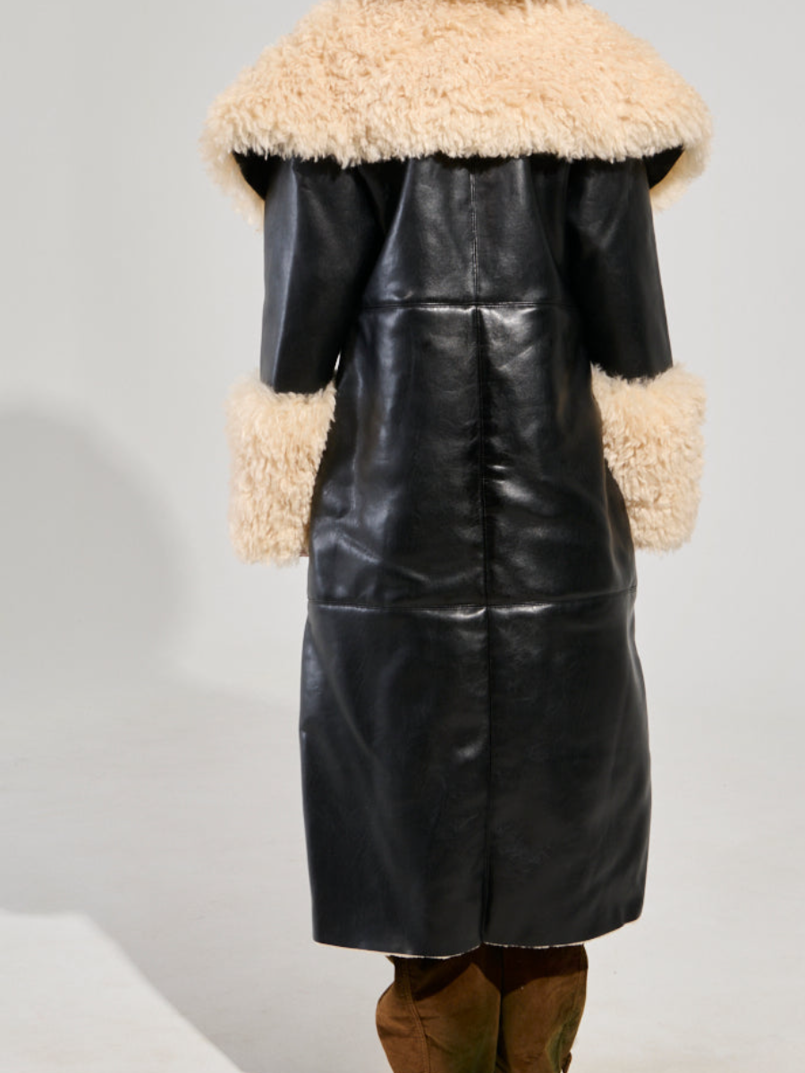Faux Leather Patchwork Plush Long Jacket