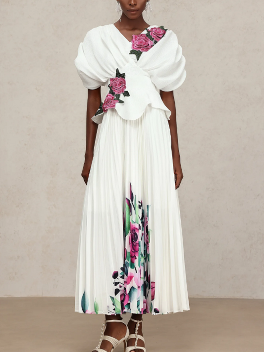 Pleated Embroidered Printed Dress