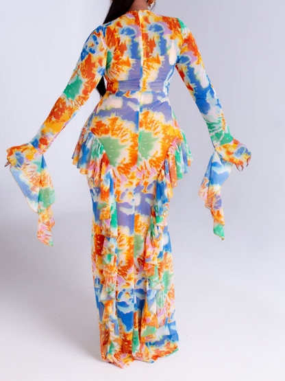Printed Mesh Maxi Dress