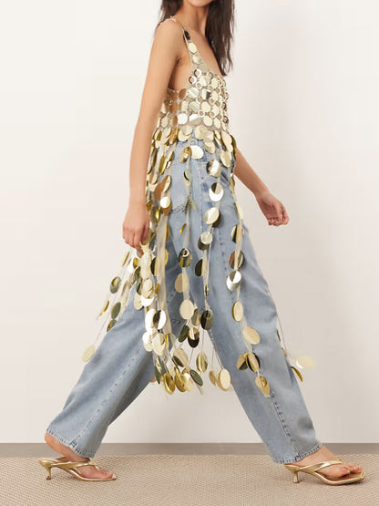 3D Fringe Hem Sequin Top