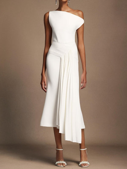 Oblique Shoulder Sleeveless Folds Midi Dress