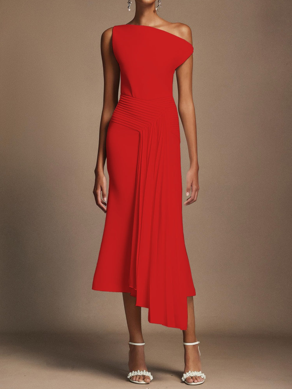 Oblique Shoulder Sleeveless Folds Midi Dress