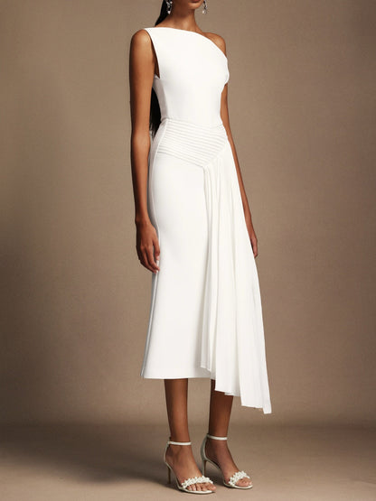 Oblique Shoulder Sleeveless Folds Midi Dress