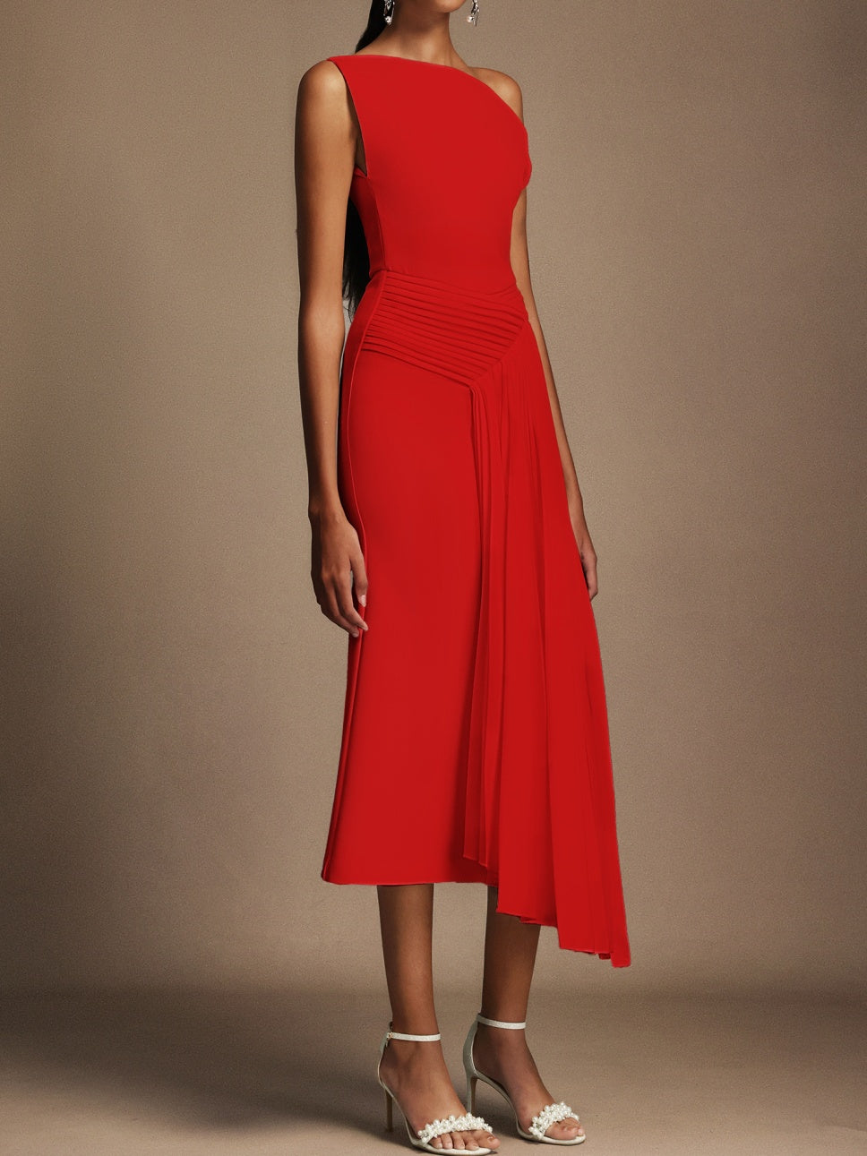 Oblique Shoulder Sleeveless Folds Midi Dress