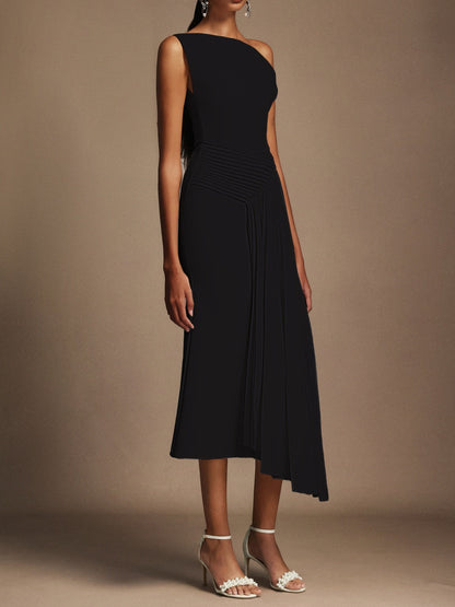 Oblique Shoulder Sleeveless Folds Midi Dress