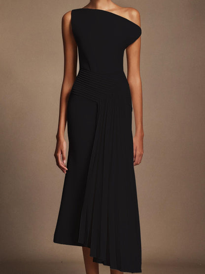 Oblique Shoulder Sleeveless Folds Midi Dress
