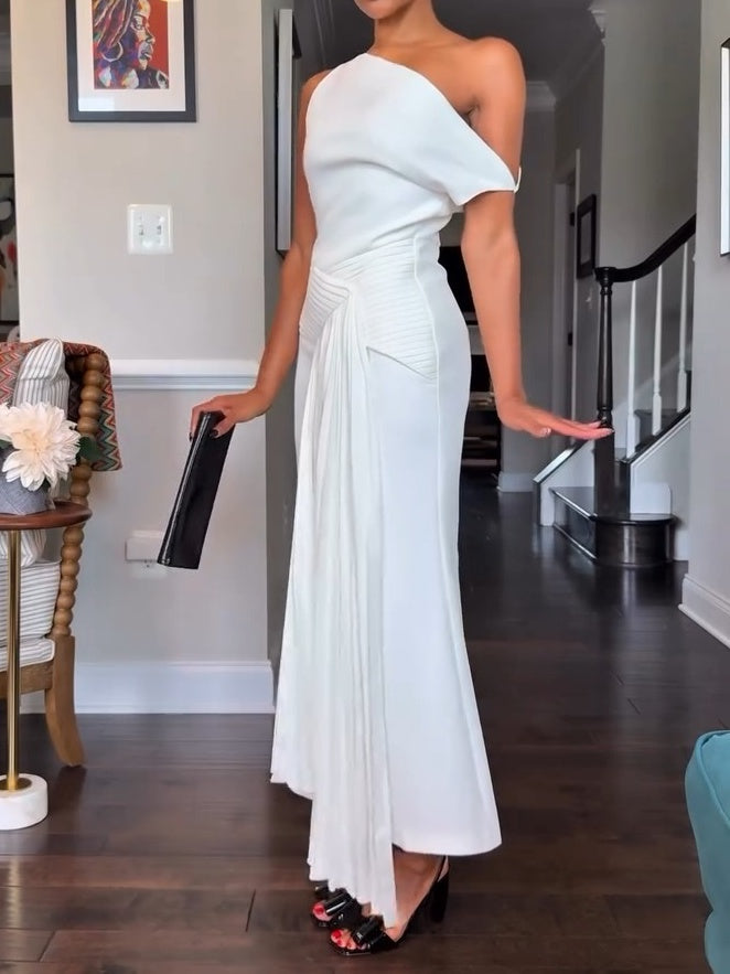Oblique Shoulder Sleeveless Folds Midi Dress