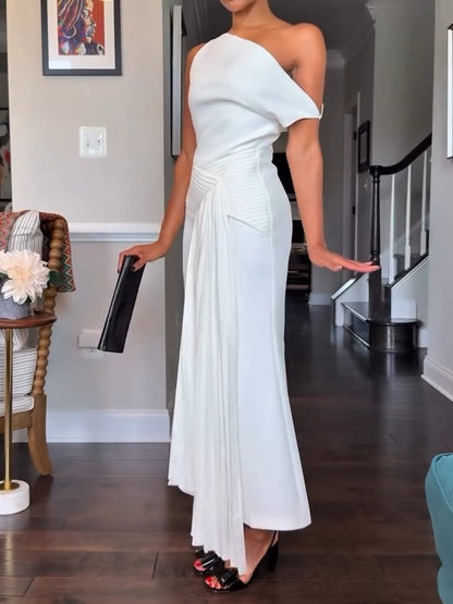 Oblique Shoulder Sleeveless Folds Midi Dress