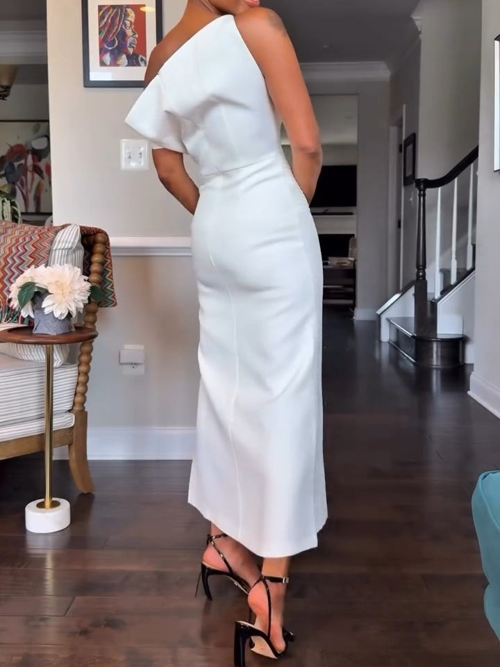Oblique Shoulder Sleeveless Folds Midi Dress