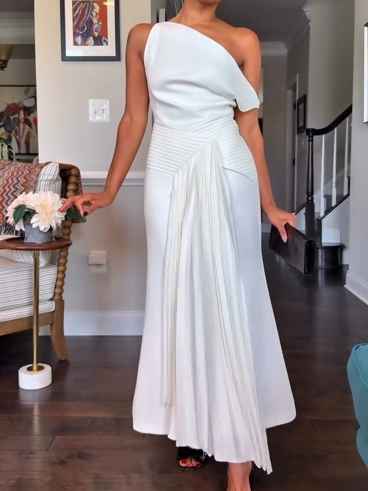 Oblique Shoulder Sleeveless Folds Midi Dress