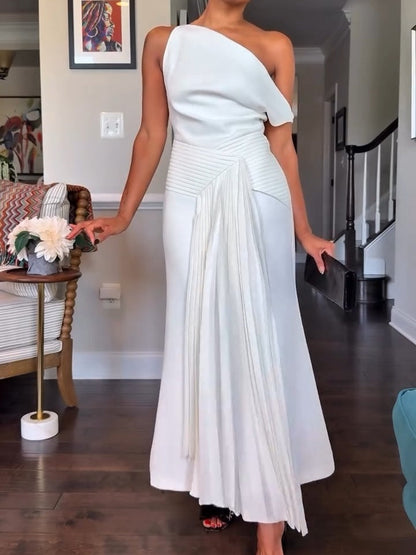 Oblique Shoulder Sleeveless Folds Midi Dress