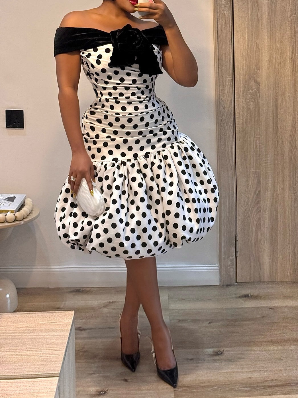 White Polka Dot Off The Shoulder Velvet Satin Midi Dress