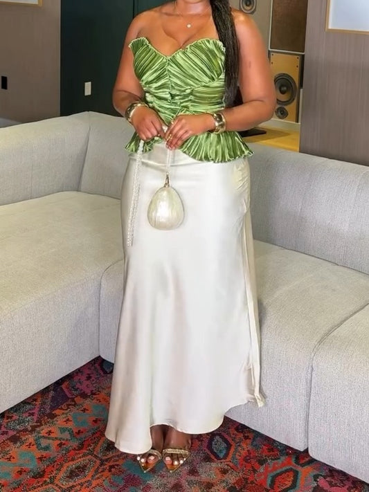Elegant Green Pleated Peplum Top With Satin Maxi Skirt