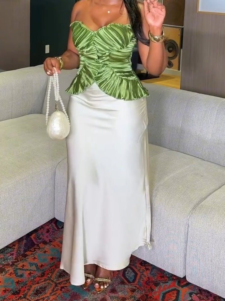 Elegant Green Pleated Peplum Top With Satin Maxi Skirt