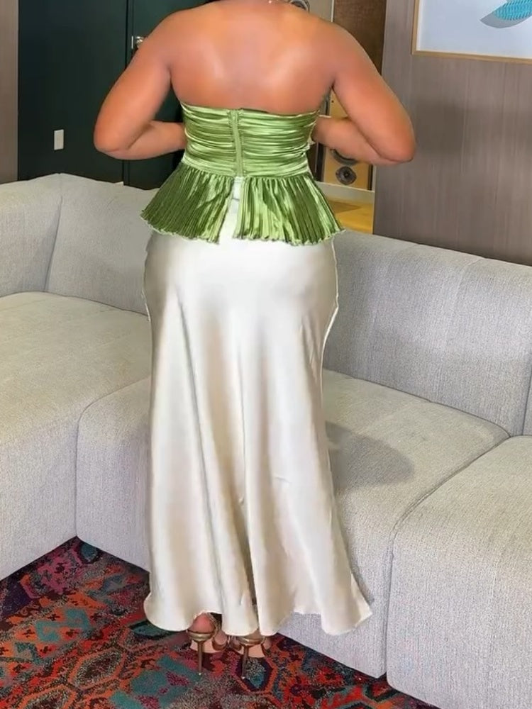 Elegant Green Pleated Peplum Top With Satin Maxi Skirt