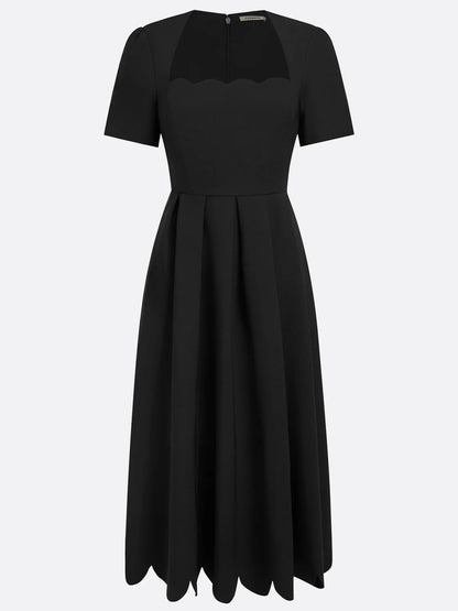 Scalloped Square Neck Short Sleeve Midi Dress