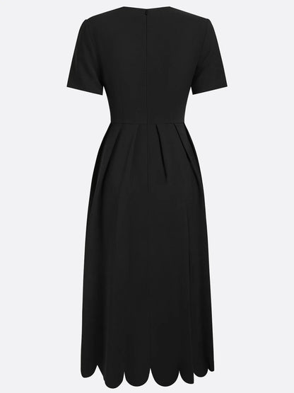 Scalloped Square Neck Short Sleeve Midi Dress