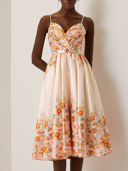 Beige Floral Spaghetti Sleeveless  Midi Dress