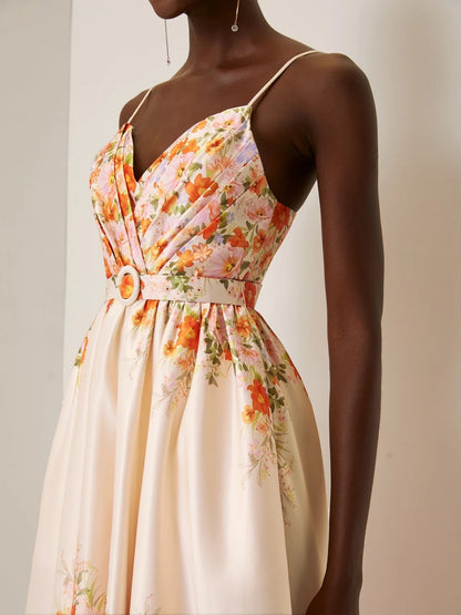 Beige Floral Spaghetti Sleeveless  Midi Dress