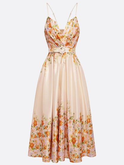 Beige Floral Spaghetti Sleeveless  Midi Dress