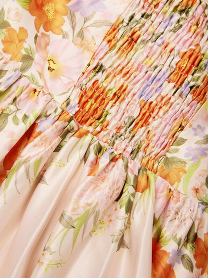 Beige Floral Spaghetti Sleeveless  Midi Dress