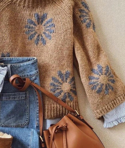 Retro Brown Mock Neck Long Sleeve Sweater