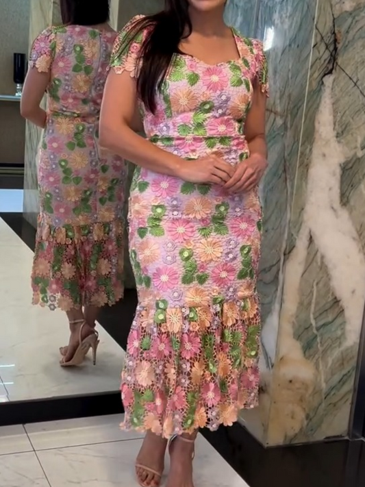 Square Neck Short Sleeve Floral Dress