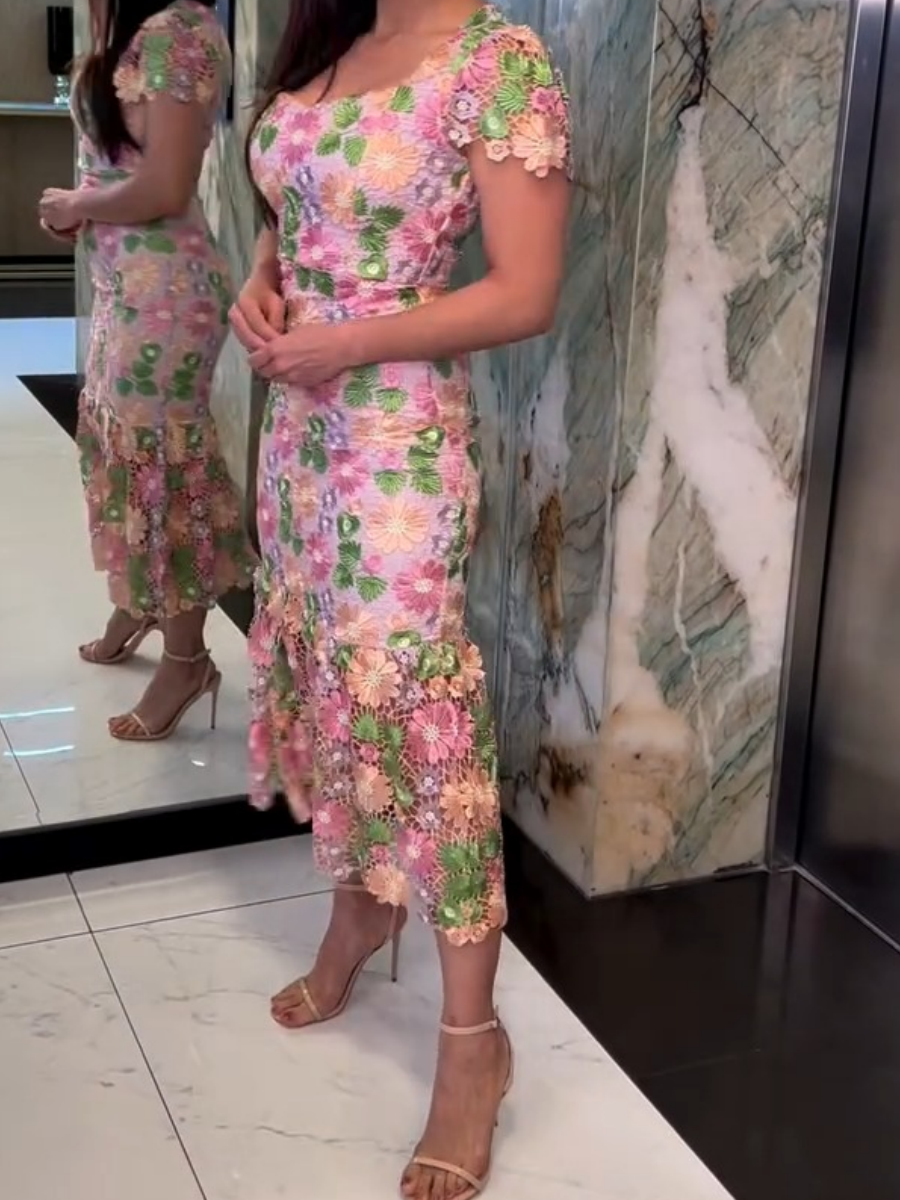 Square Neck Short Sleeve Floral Dress