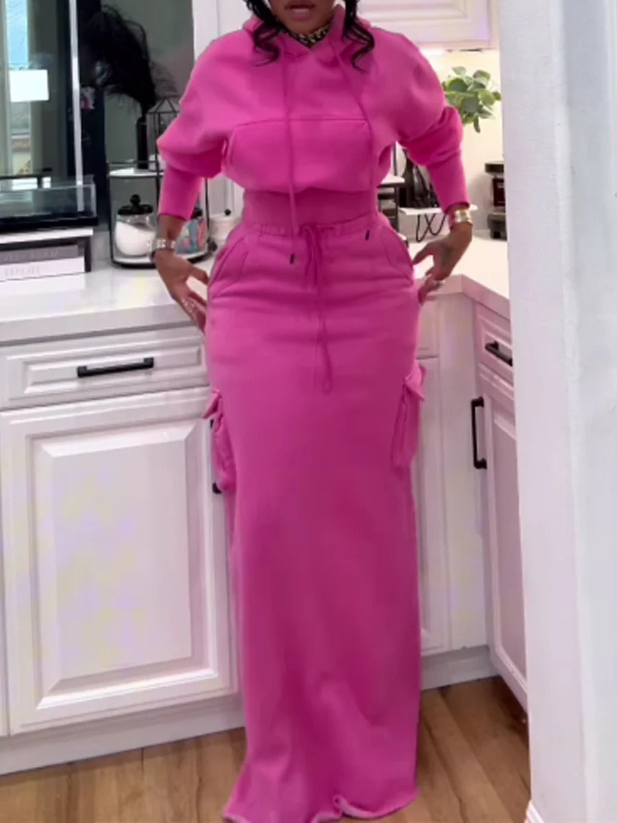 Pink Casual Hoodie And Maxi Skirt Set