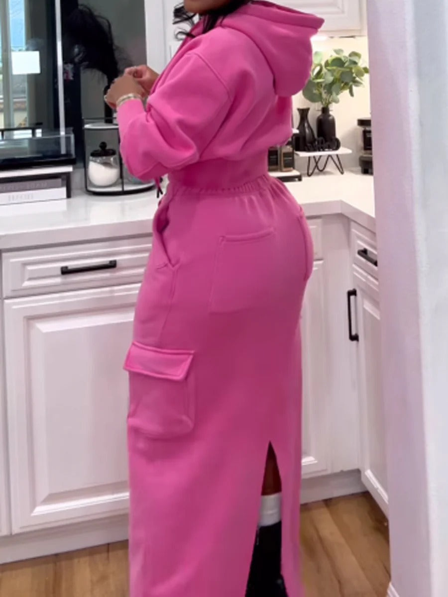 Pink Casual Hoodie And Maxi Skirt Set