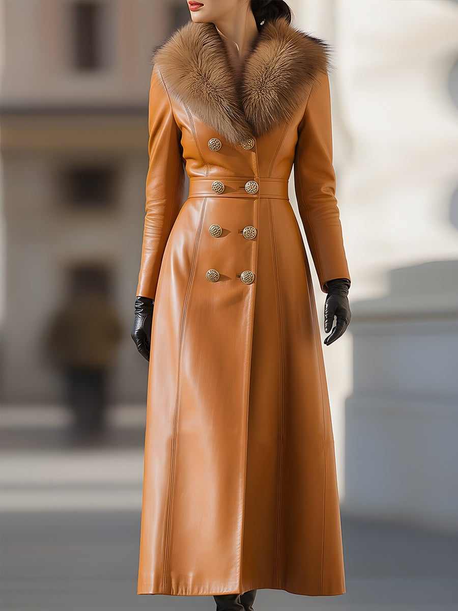 Leather Double-Breasted Coat With Fur Collar
