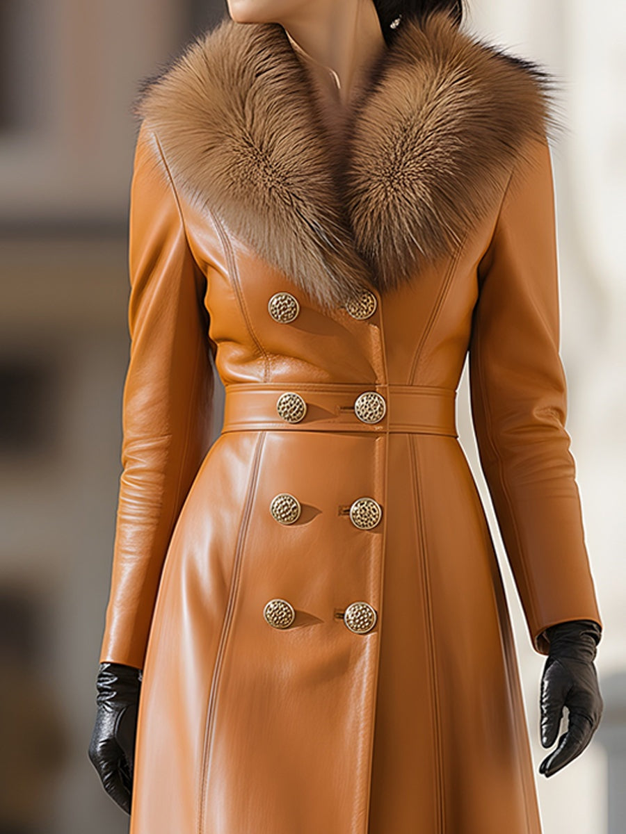 Leather Double-Breasted Coat With Fur Collar