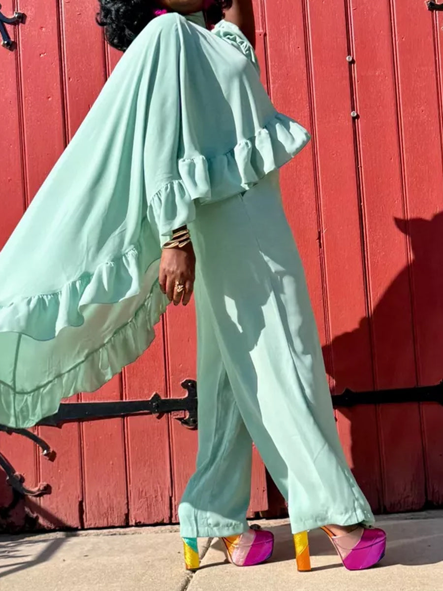 Crewneck Ruffled Blouse & Wide Leg Pants