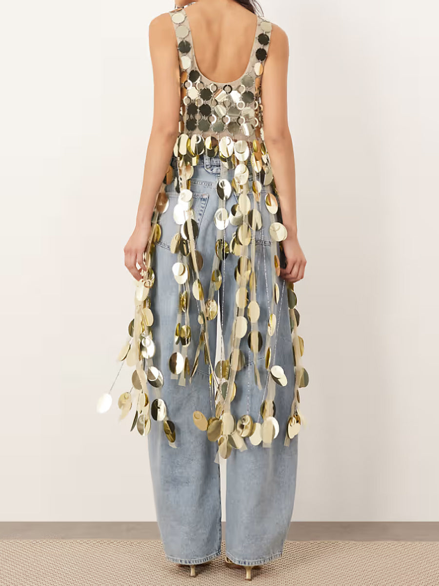 3D Fringe Hem Sequin Top